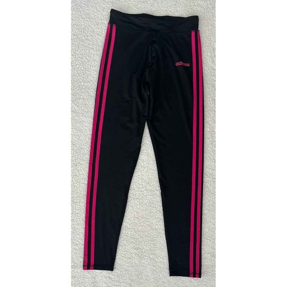 Youth Girls Adidas Leggings Size Large (14) Black Pink 3 Stripes Sportswear Pant